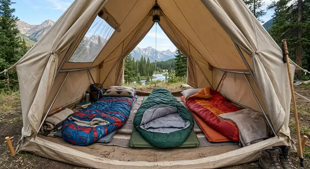 Sacos de cama estendidos numa tenda