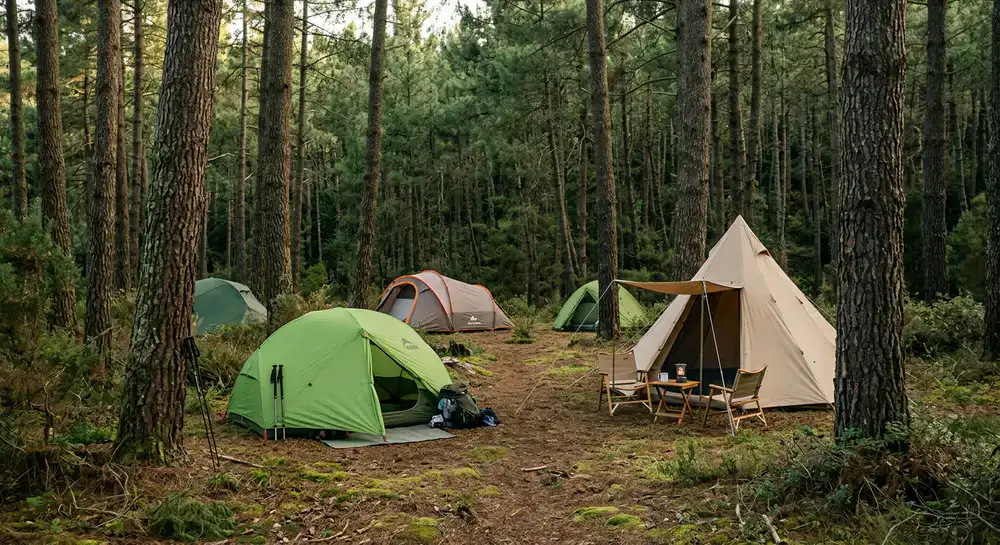 Tendas de campismo expostas num pinhal