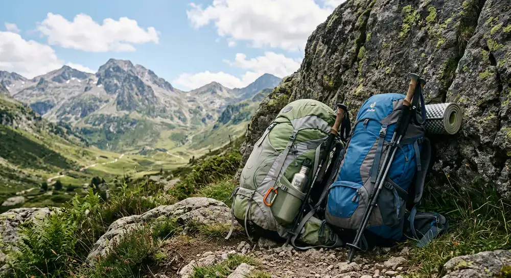 Mochilas de trekking encostadas a uma rocha