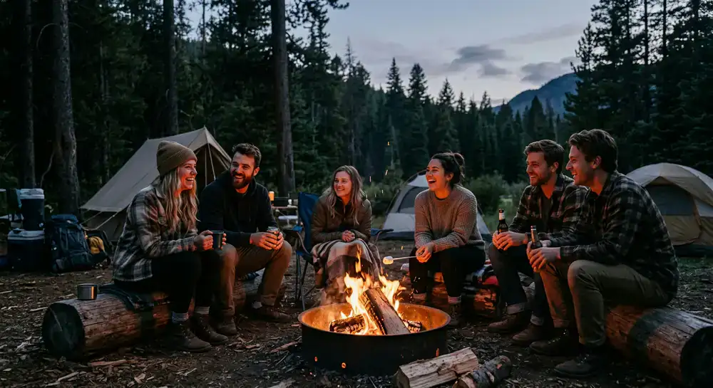 Grupo de amigos à volta da fogueira no acampamento