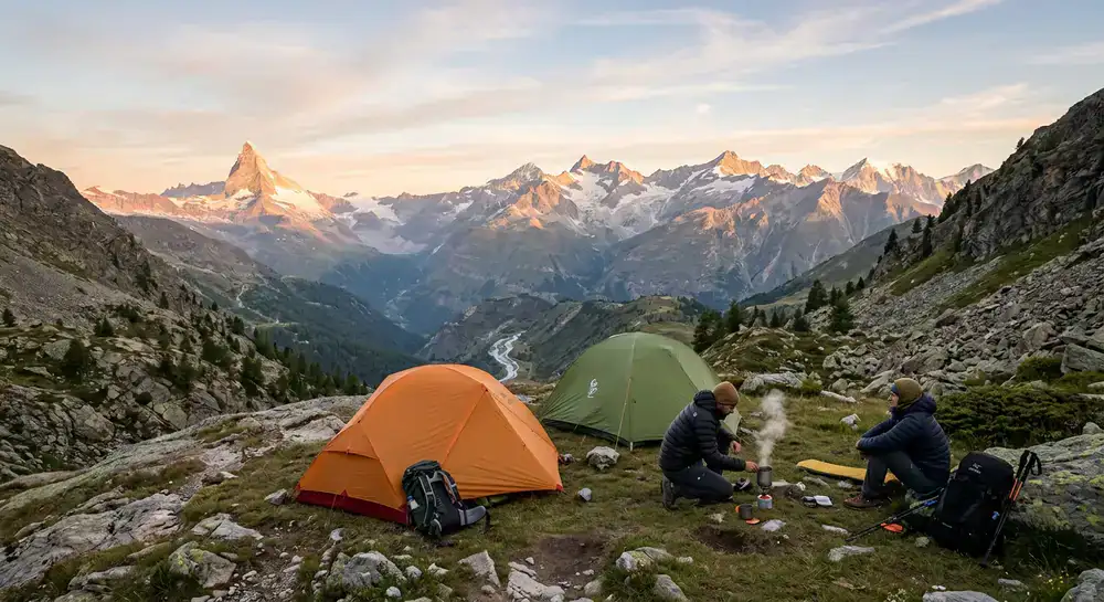 Acampamento nas montanhas ao amanhecer