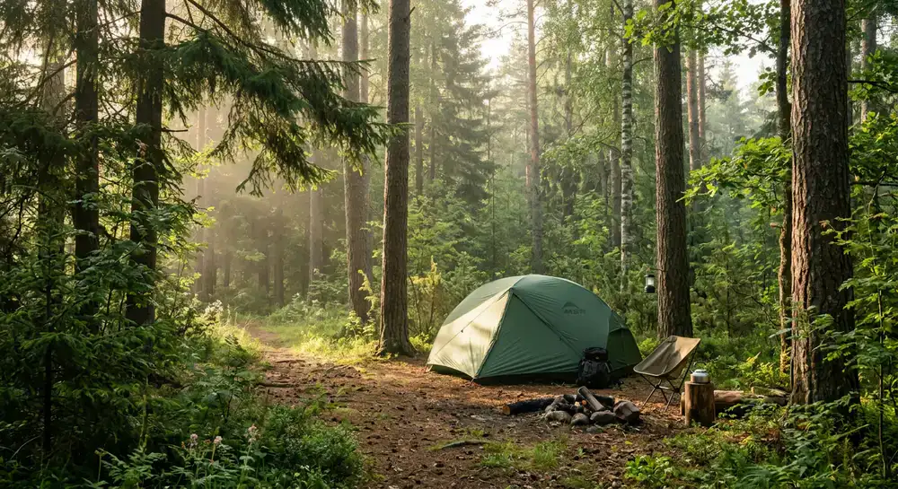 Vista matinal de uma floresta ideal para campismo