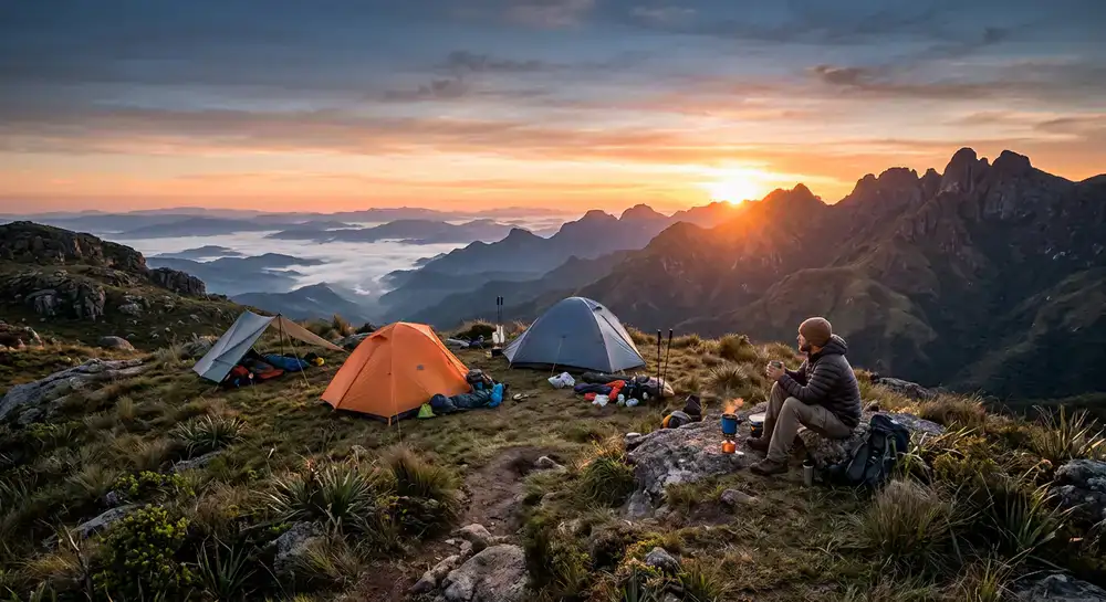 Acampamento na montanha ao nascer do sol