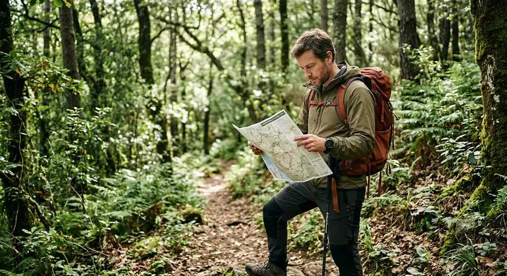 Caminhante a consultar mapa na floresta