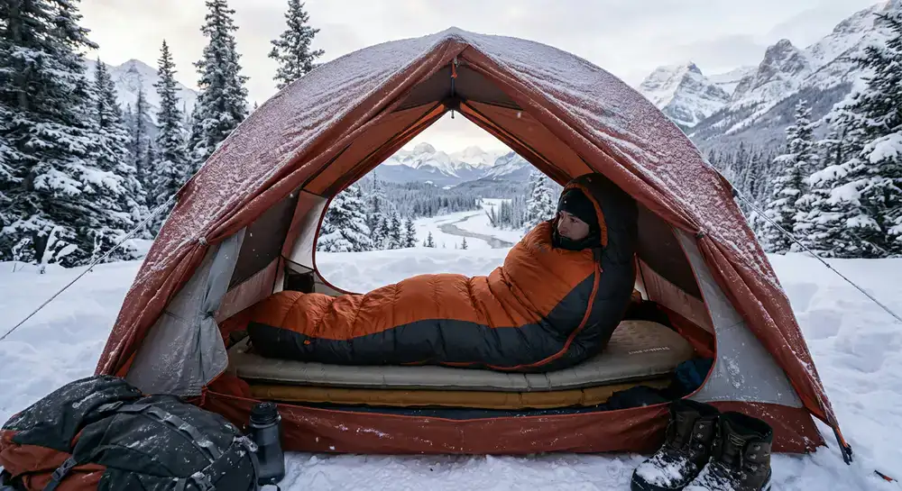 Saco-cama térmico em acampamento de inverno