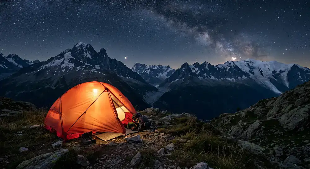 Tenda iluminada na montanha durante a noite